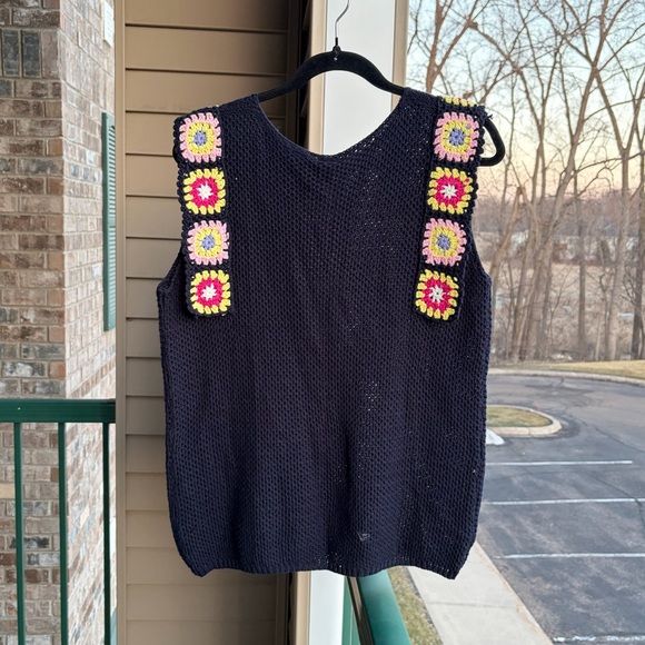 🆕Rain+Rose Navy Crochet Granny Square Sweater Top SizeM Boho Cottagecore Cotton - Picture 3 of 11